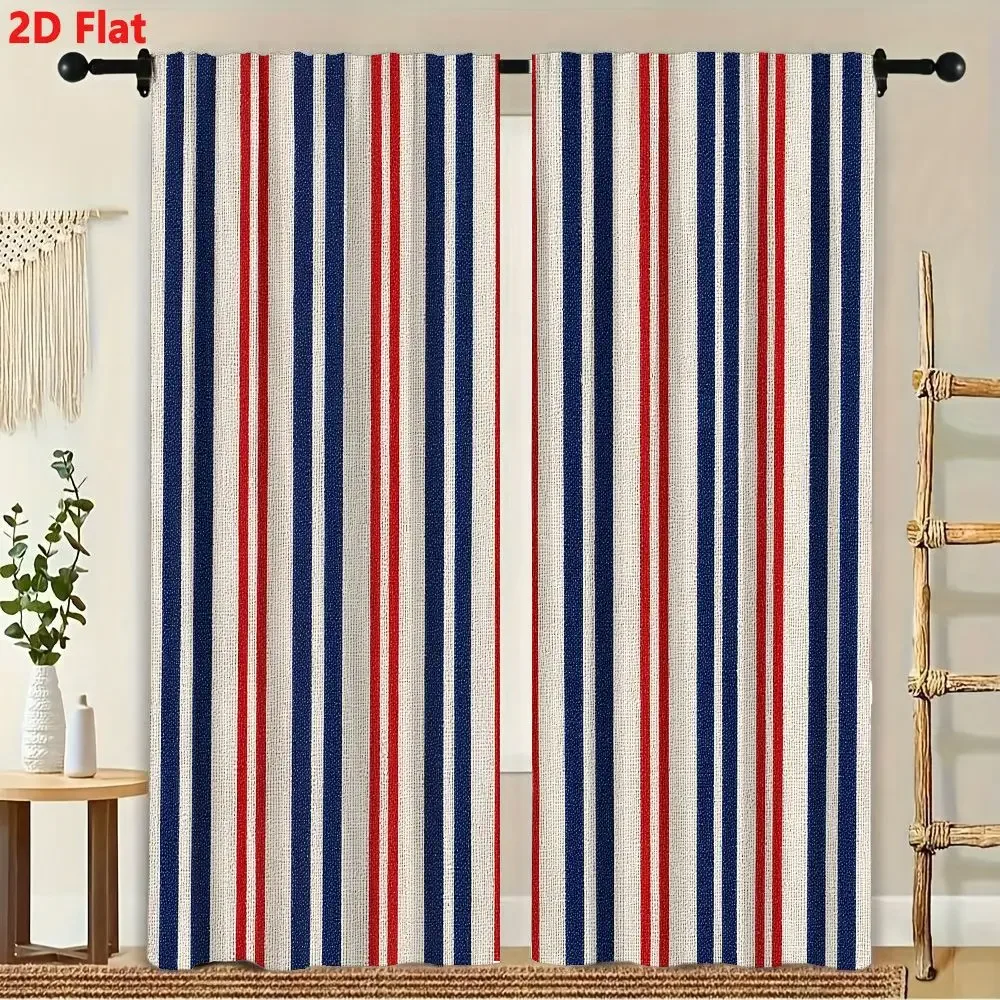 2Pcs CurtainsDark Blue Red And White Vertical Striped Pattern Window Drapes for Bedroom Living Room Decoration Window Treatment.
