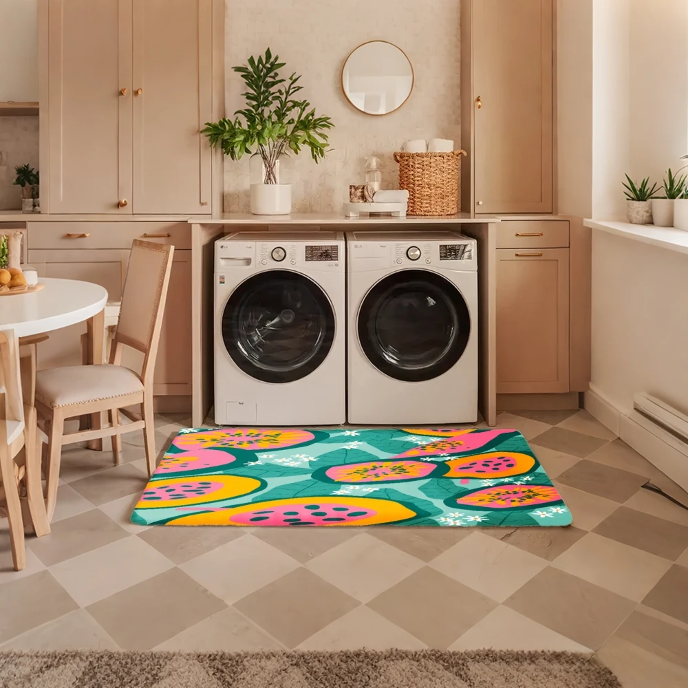 3PCS Mat Set,  Home Decoration for Front Door, Kitchen,  Colorful Papaya Pattern With Vibrant Fruits And Leaves Kitchen Rug.