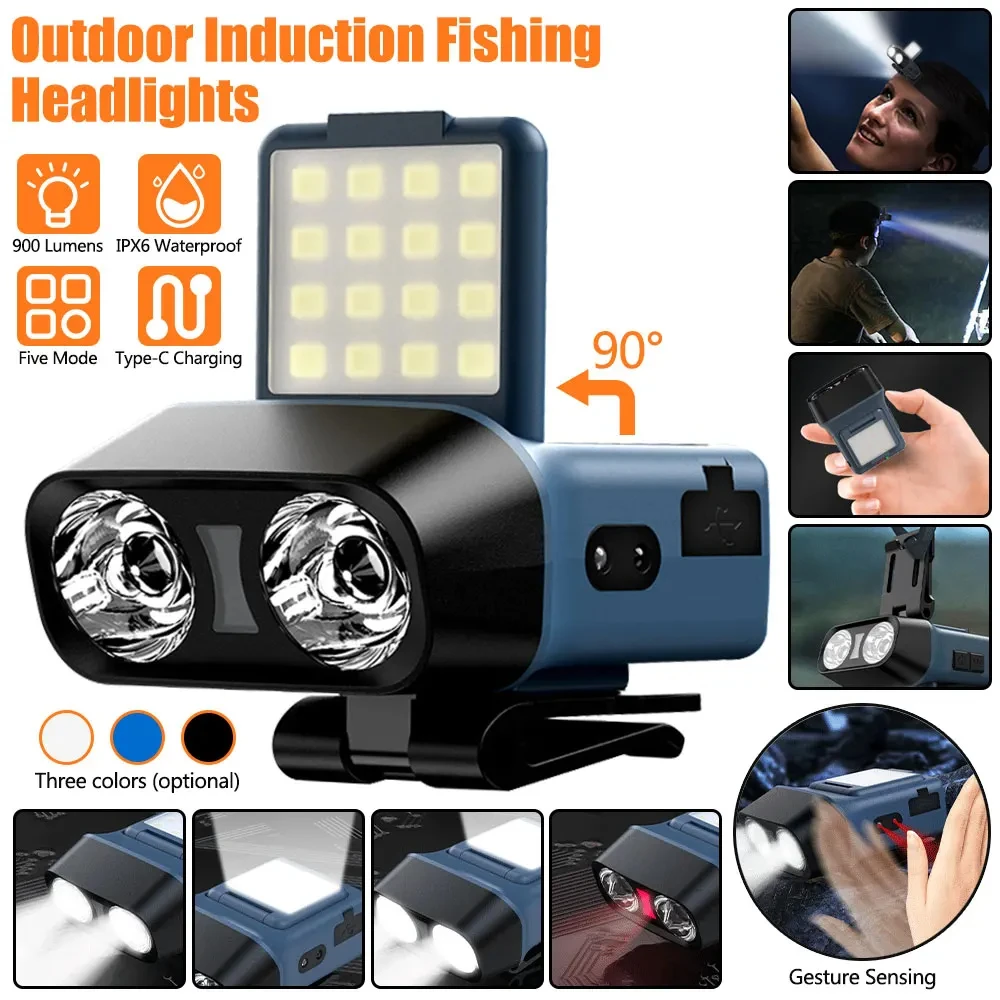 1500mAh Ultra Bright LED Sensor Headlamps Rechargeable Waterproof COB Hat Clip Light 900LM Fishing Camping Head Torch Flashlight