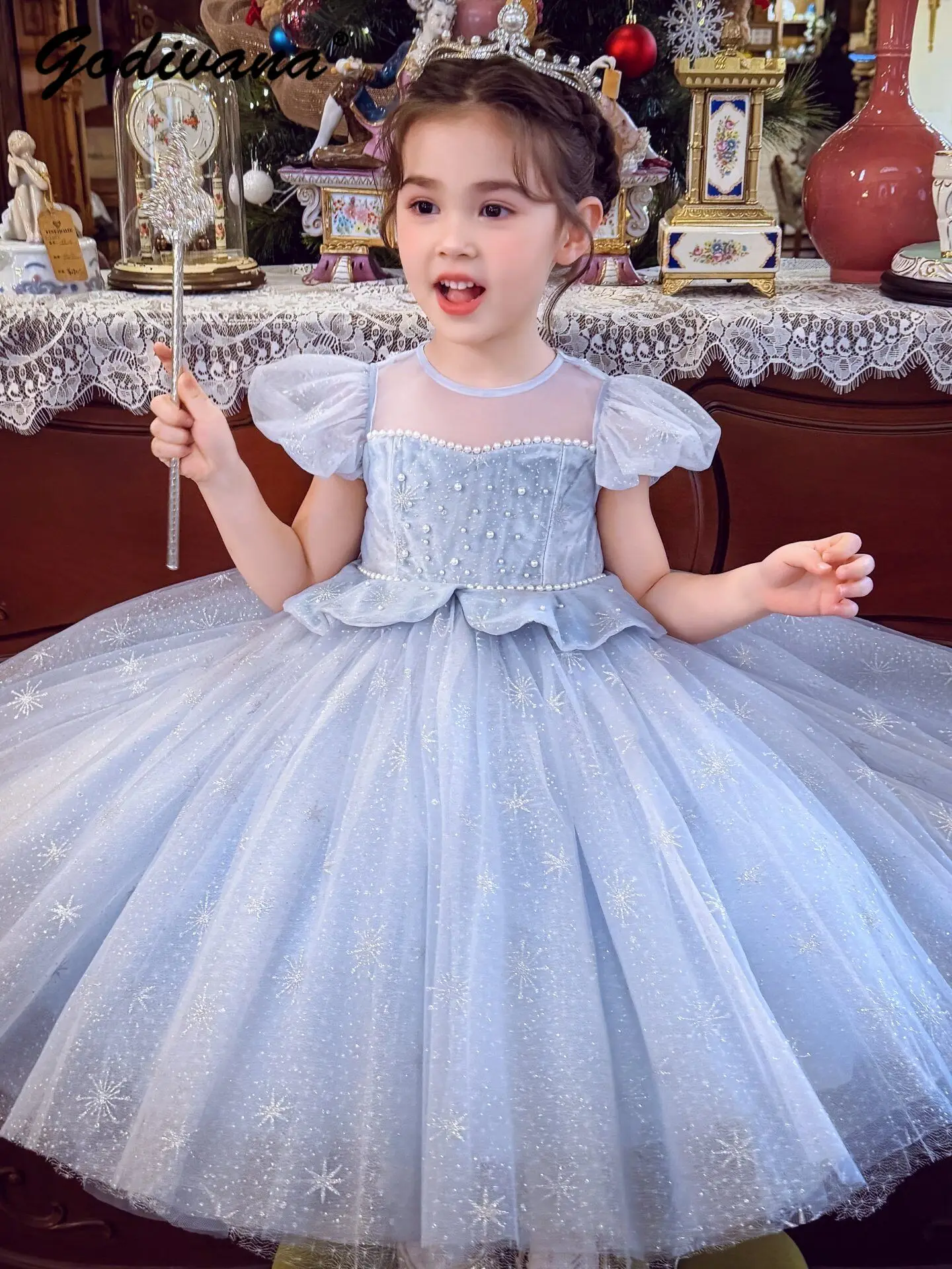 Sweet Baby Girls Princess Tutu Dress Summer 2026 New Little Kids Puff Sleeve Mesh Tulle Pearls Sequin Birthday Party Train Gown