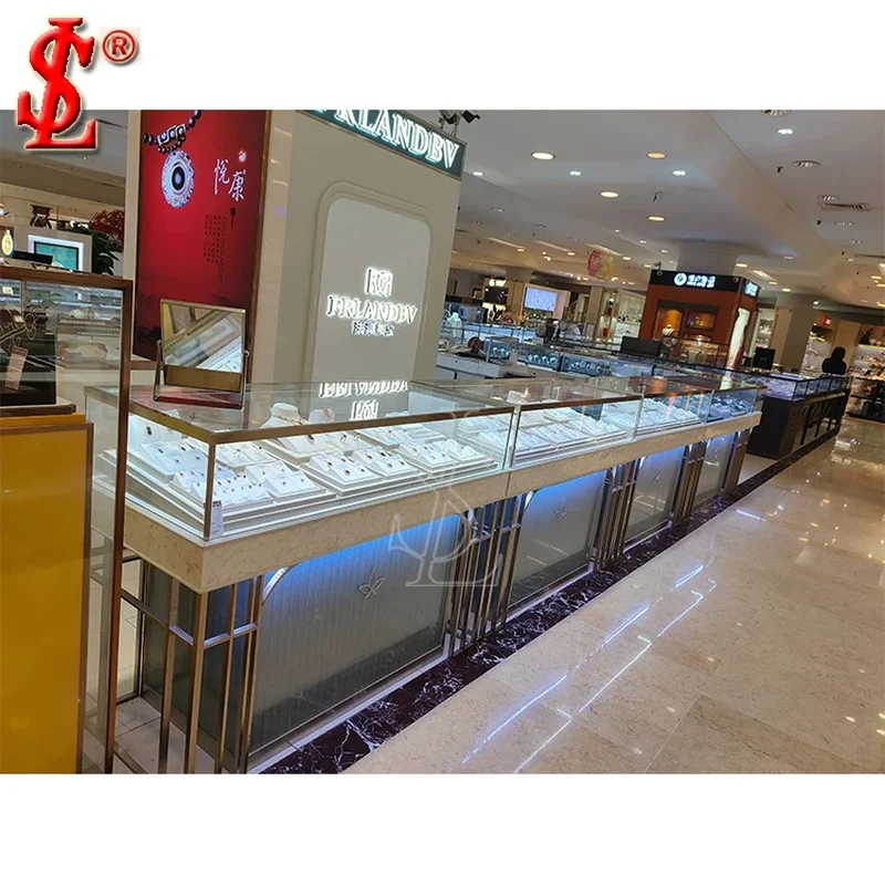custom.Luxury Eco-Friendly Customizable Jewelry Display Showcase Boutique Shopfitting Stainless Steel LED Glass Counter Whole Sh