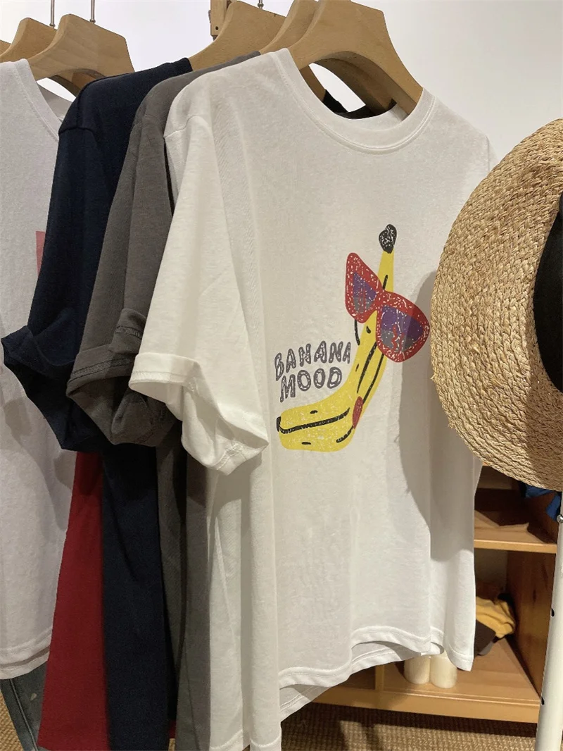 

Retro American Style Banana Eye Weathered Print Short Sleeve Women's T-Shirt Summer New Loose Snowflake Cotton Breathable Top