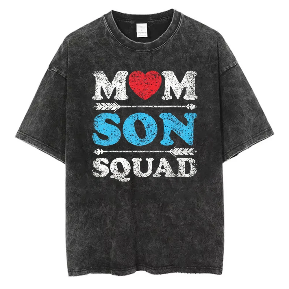 Casual Stylish Mom Son Squad T Shirt, Women Vintage Wash Short Sleeve Tops, Trendy Heart Arrow Graphic Tee for Mother's Day Gift