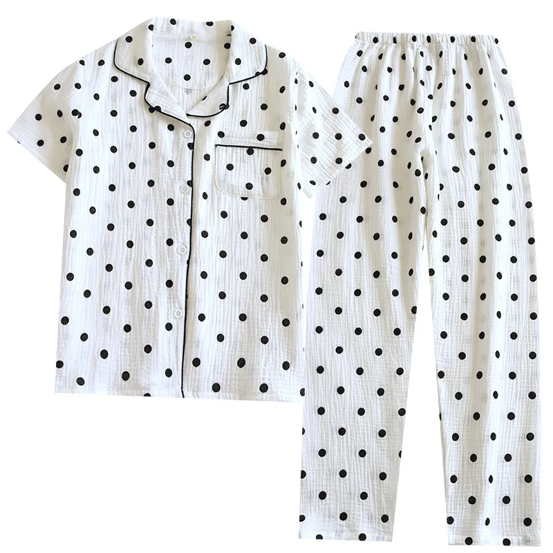 Pijamas de lunares negros de crepé para mujer, ropa de dormir de manga corta, pantalones superiores para dormir, ropa de casa de hilo de algodón, ropa de dormir suelta informal, 2023