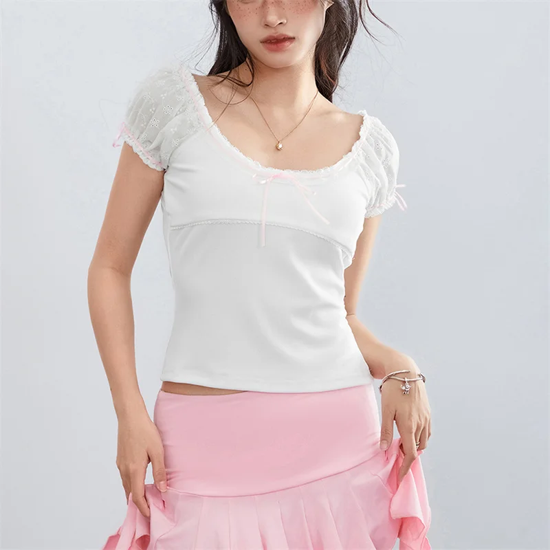 Women y2k Kawaii Harajuku Solid Color T-Shirts Cap Sleeve Scoop Neck Lace Trim Tops Bow Front T-Shirts Korean Chic Tops Clothes