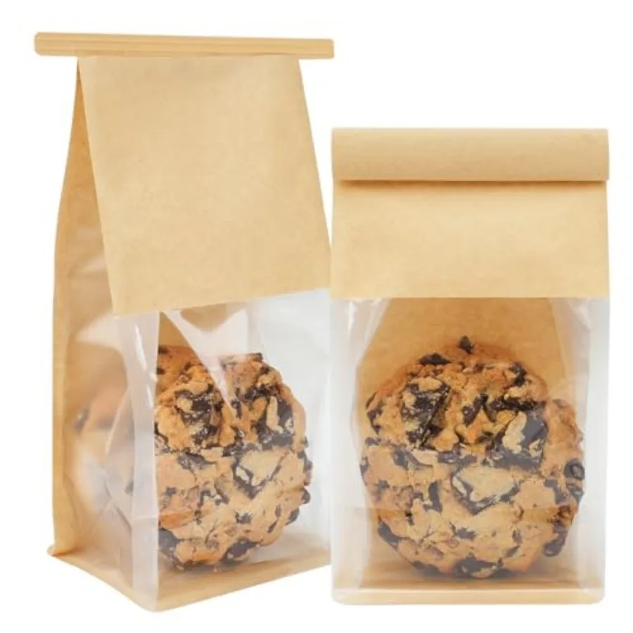 50 Pack Cookie Packaging Bags, 3.9x3.x8.2 Inches Small Bakery Bags with Window Tin Tie Tab Lock Resealable Paper Treat Bag for