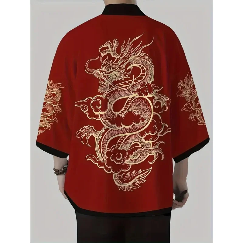 Japanese Kimono Dragon Graphic Print Cosplay Haori Yukata Top Adult Traditional Samurai Loose Kimono Cardigan for Men Women