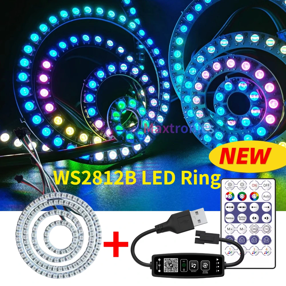 WS2812B RGB Led Ring Kit Individually Addressable and USB 28Key Bluetooth Music Controller or BuiIt-in 8/16/24/35/45 Pixels Lamp