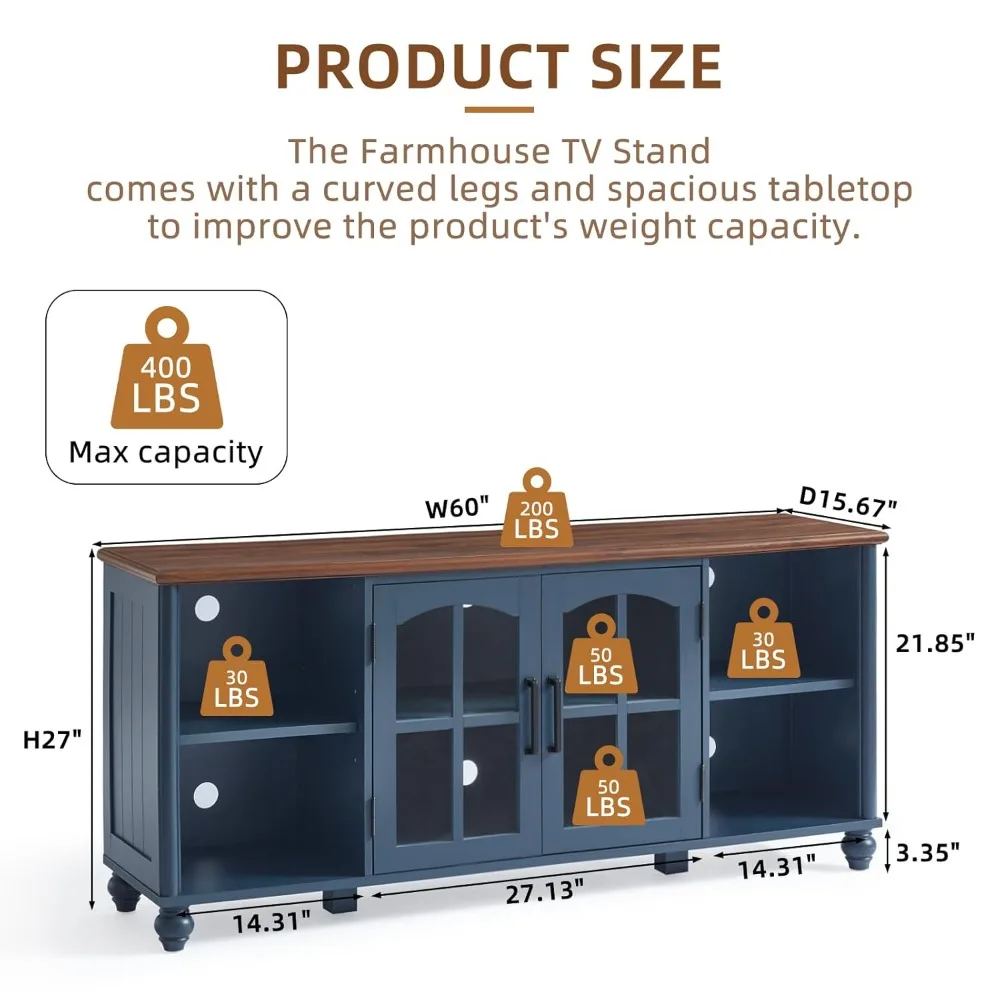 

Farmhouse TV Stand for 60 Inch TV, Wood Entertainment Center with Adjustable Shelves & Glass Door Storage, Customized