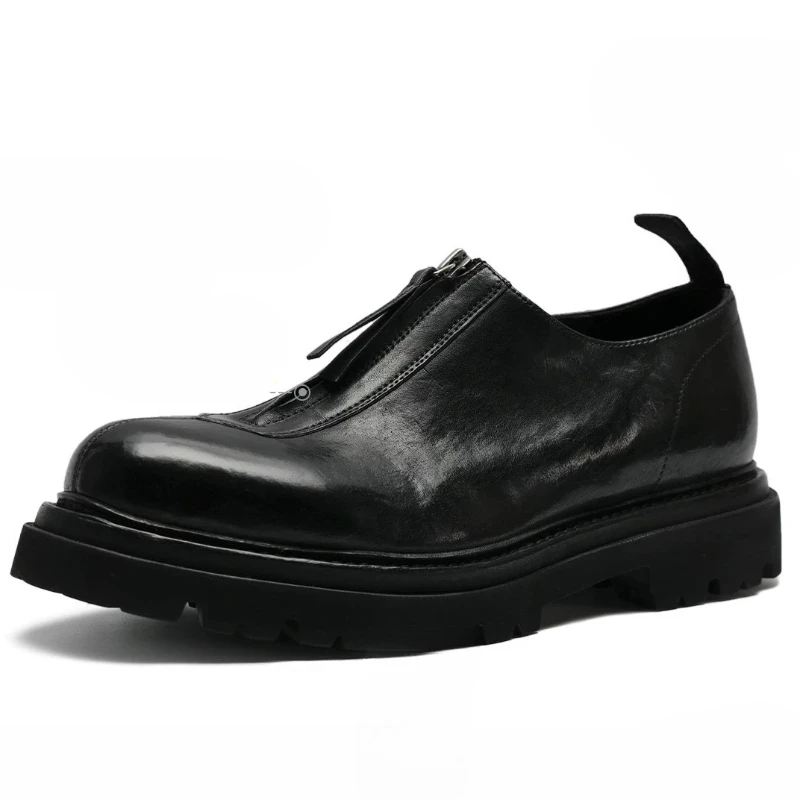 Luxury Horse Leather Derby Shoes for Men's Horsehide Hand-sewn British Simple Style Men's Dress Shoes Black Front Zipper Design
