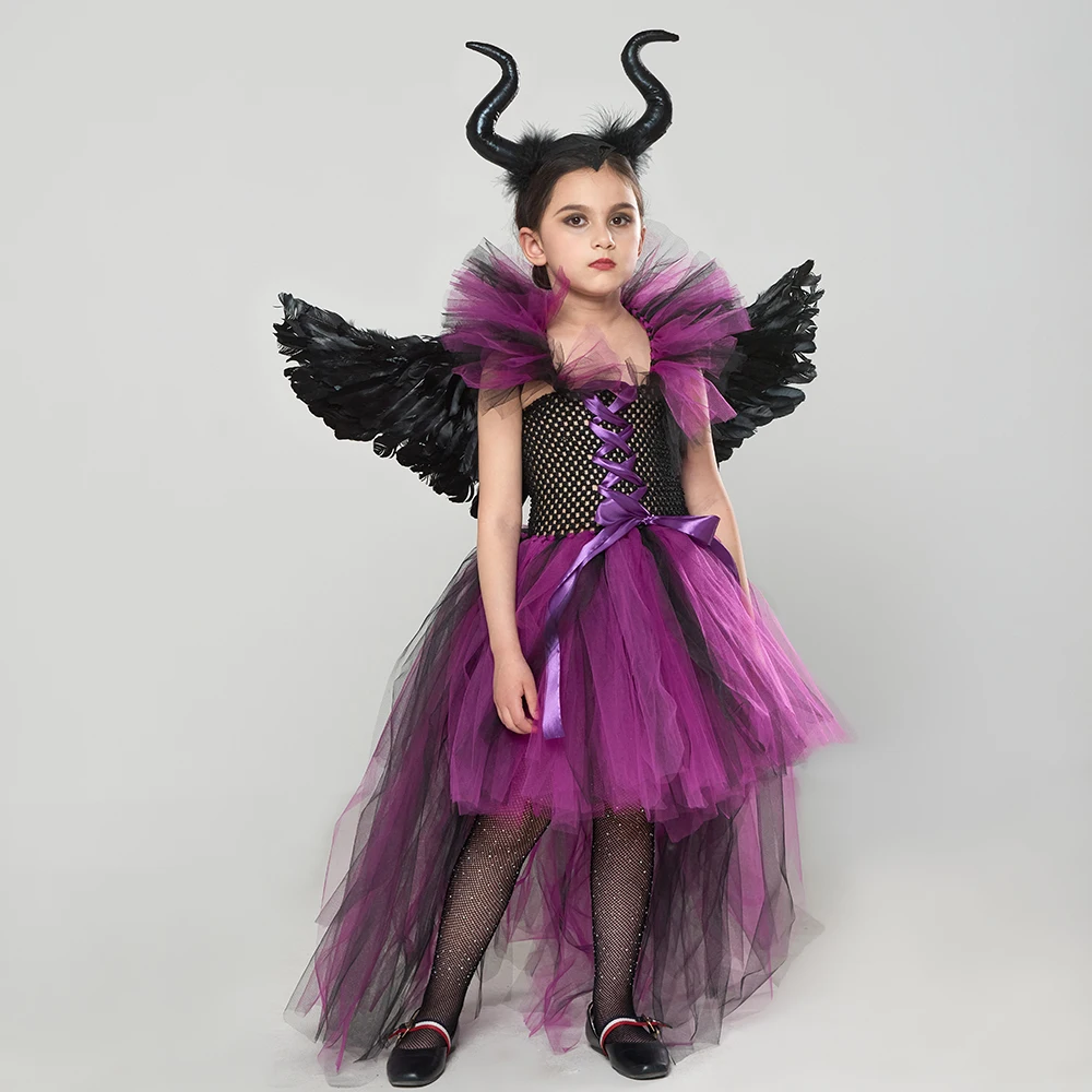 Girls Halloween Demon Cosplay Costume Kids Dark Evil Queen Tutu Dress with Horns Wings Malefi Witch Glam Gown Fancy Dresses