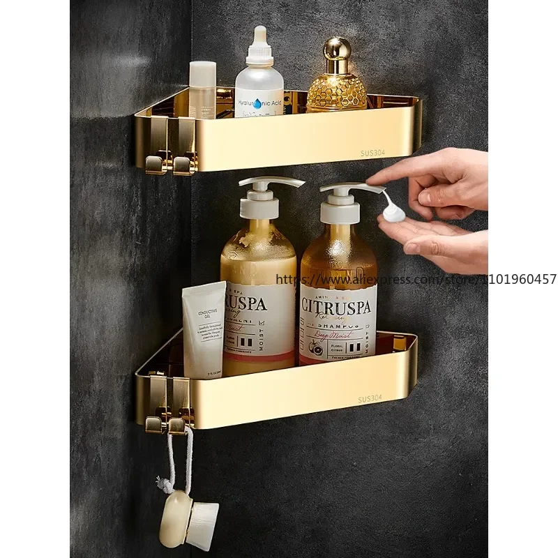 

Golden Bathroom Triangle Storage Rack Without Punching 304 Stainless Steel Corner Wall-mounted Bathroom Storage Rack
