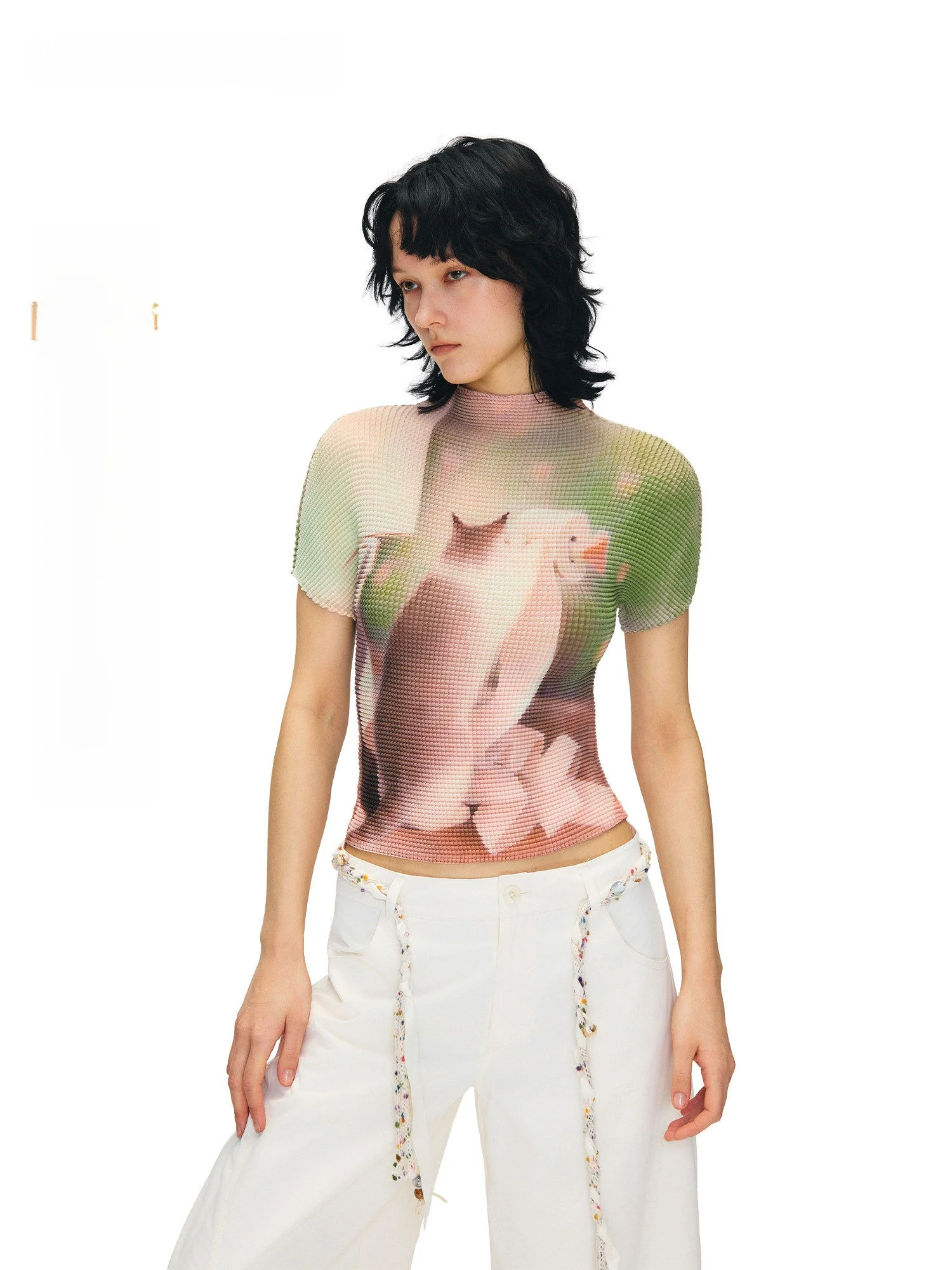 Outthe Blue Summer New Personalized Pleated Print Short Sleeve T Shirt Women's Fashion Neutral Style Polyester Short Length