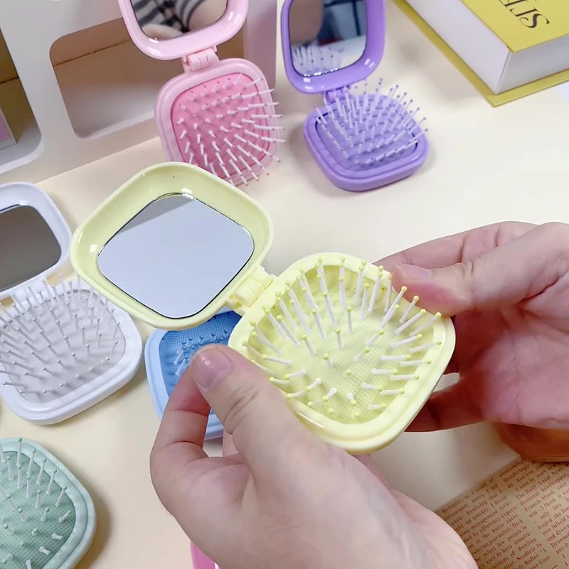 Cute Candy Colored Air Cushion Comb Small Size Travel Portable Massage Comb Folding Mirror Comb Women's Hair Brush Styling Tool