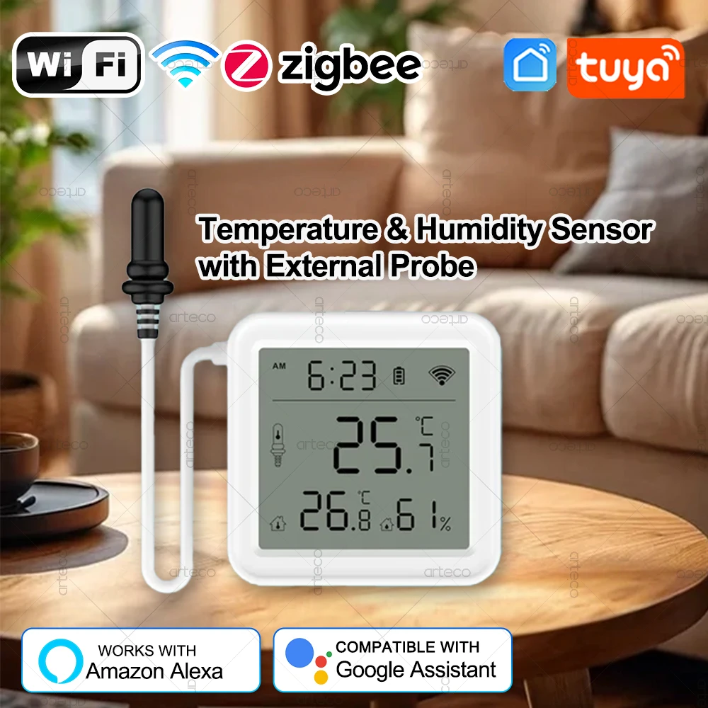 

Tuya WiFi Zigbee датчик температуры и влажности с внешним зондом беспроводной термометр гигрометр приложение удаленный монитор голос Alexa