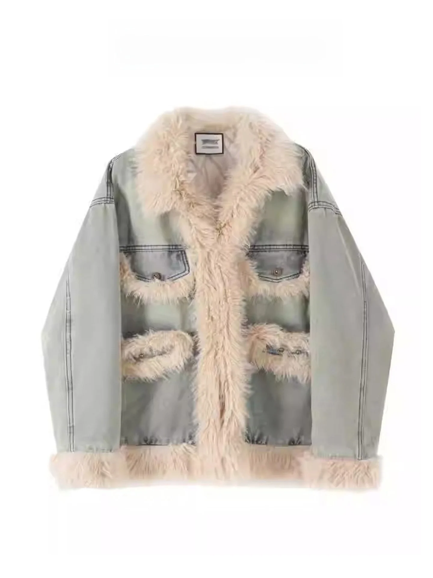 

Retro Thickened Denim Trim Cotton Jacket Women's Autumn Winter High-End Feel Patchwork Cotton Clothes Long Sleeve Regular Length