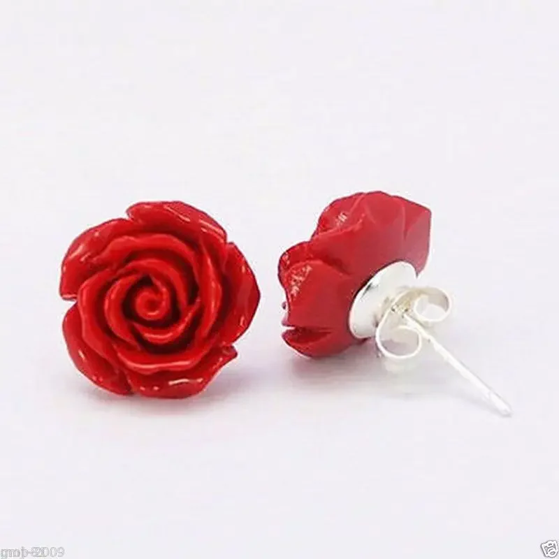 Fashion Jewelry 12mm Coral Red Rose Flower 925 Sterling Silver Earrings