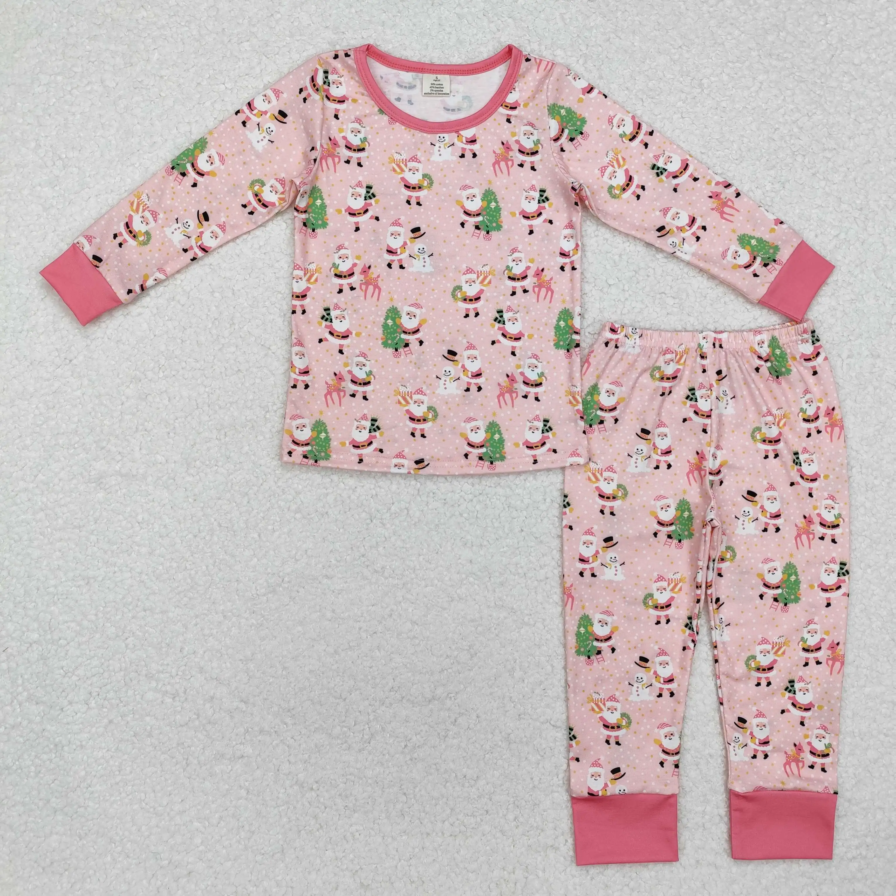 GLP2094 Kids Girls Autumn Outfit Sets Long Sleeves Modal Santa Snowman Pink Print With Trousers Children Clothes Rts No Moq