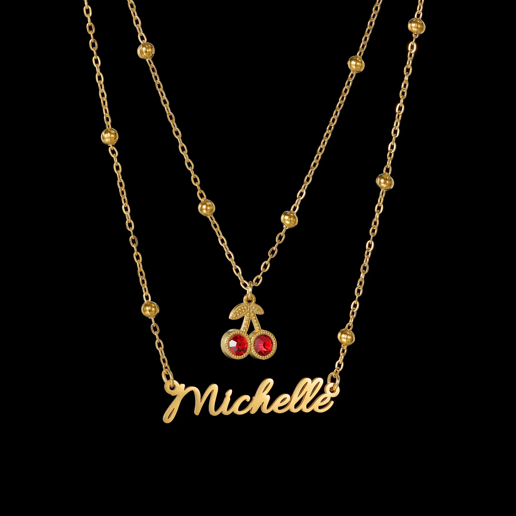 

Customized Name Cherry Necklace for Women Stainless Steel Personalized Red Cherry Pendant Beaded Chain Christmas Jewelry Gift