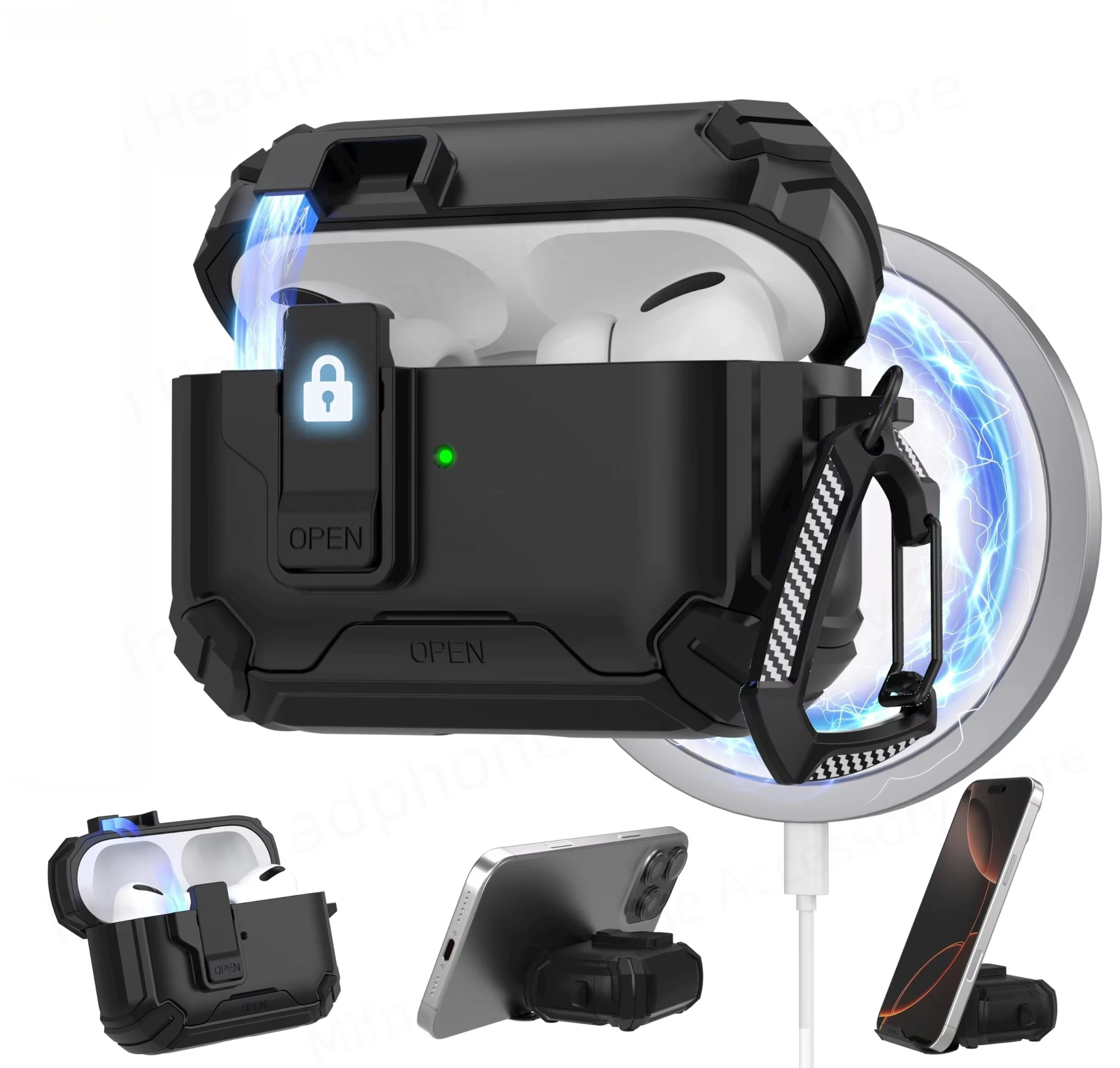 for AirPods Pro 3 Luxury Bracket Case Automatic Lock Compatible with MagSafe for Men Apple Air Pods Pro 2 4 3 2 1 Pro2 Cover