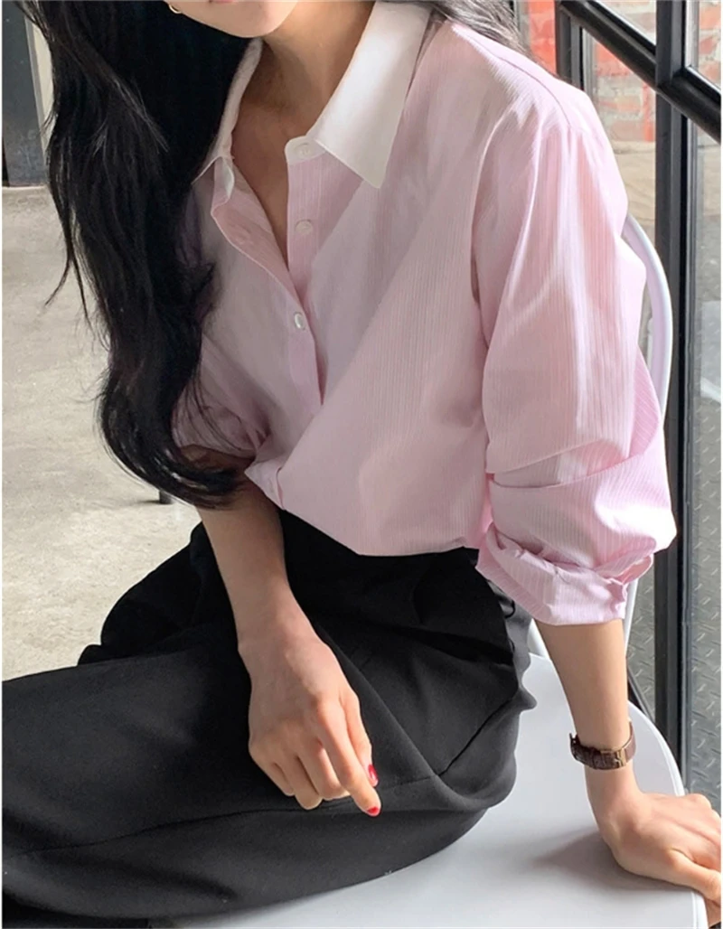 Casual Striped Pink Blue Women Shirt Chic Tops Spring Autumn Long Sleeve Loose Blouses Casual Korean Streetwear blusen damen