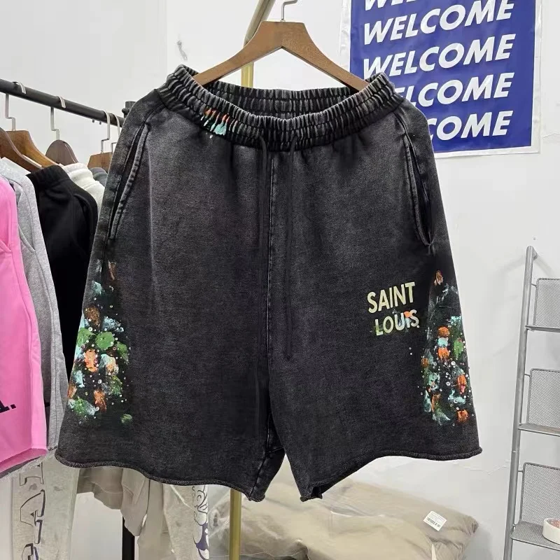 Speckled Ink Saint  Shorts Men Women Knitted Cotton Top Quality Graffiti Crystal Rain Sweatshort Drawstring Washed Shorts