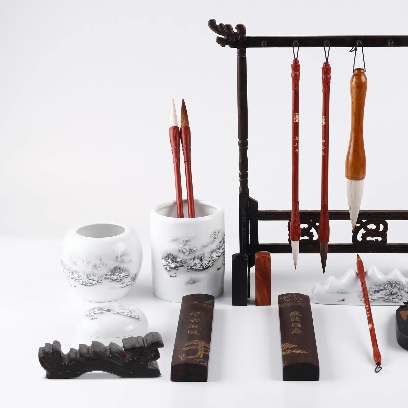 Black Wood Dragon Shape Chinese Calligraphy Brush Holder Paintbrush Stand Artist Watercolor Brush Rest Desk Decoration