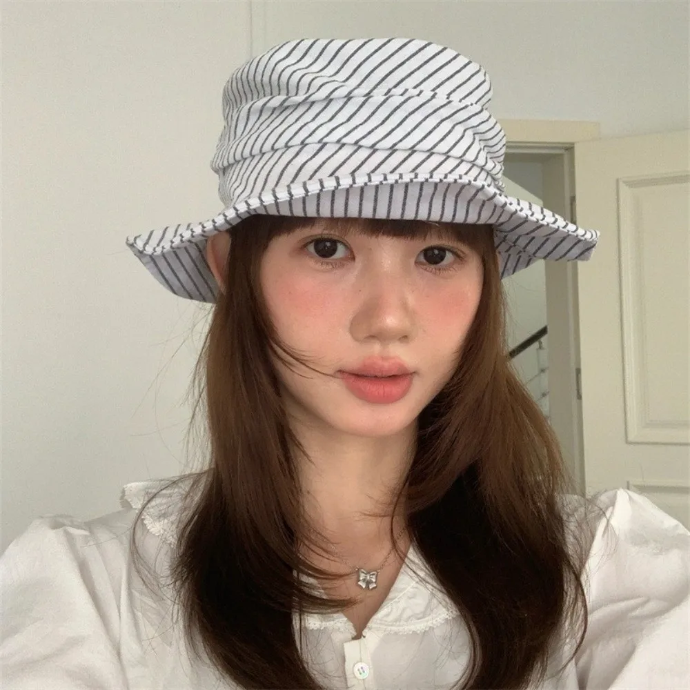 

Fashion Foldable Women Bucket Hat Spring Summer Striped Fisherman Caps Wide Brim Visor Sun Hat Outdoor