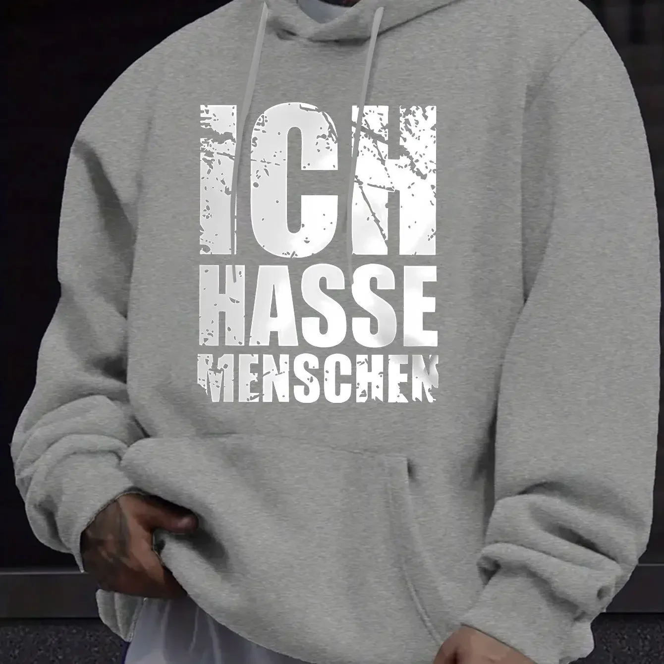 Men's Autumn/Winter Printed Hoodie Long-Sleeve Sweatshirt German Vintage Distressed White Artistic Letter Hooded PrintSweatshirt