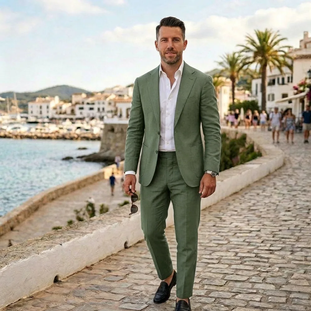 

Navy Blue Linen Men Suits 2 Pieces Summer Men Suits Lightweight Breathable Blazer Pants Set Slim Fit Wedding Party Casual Outfit