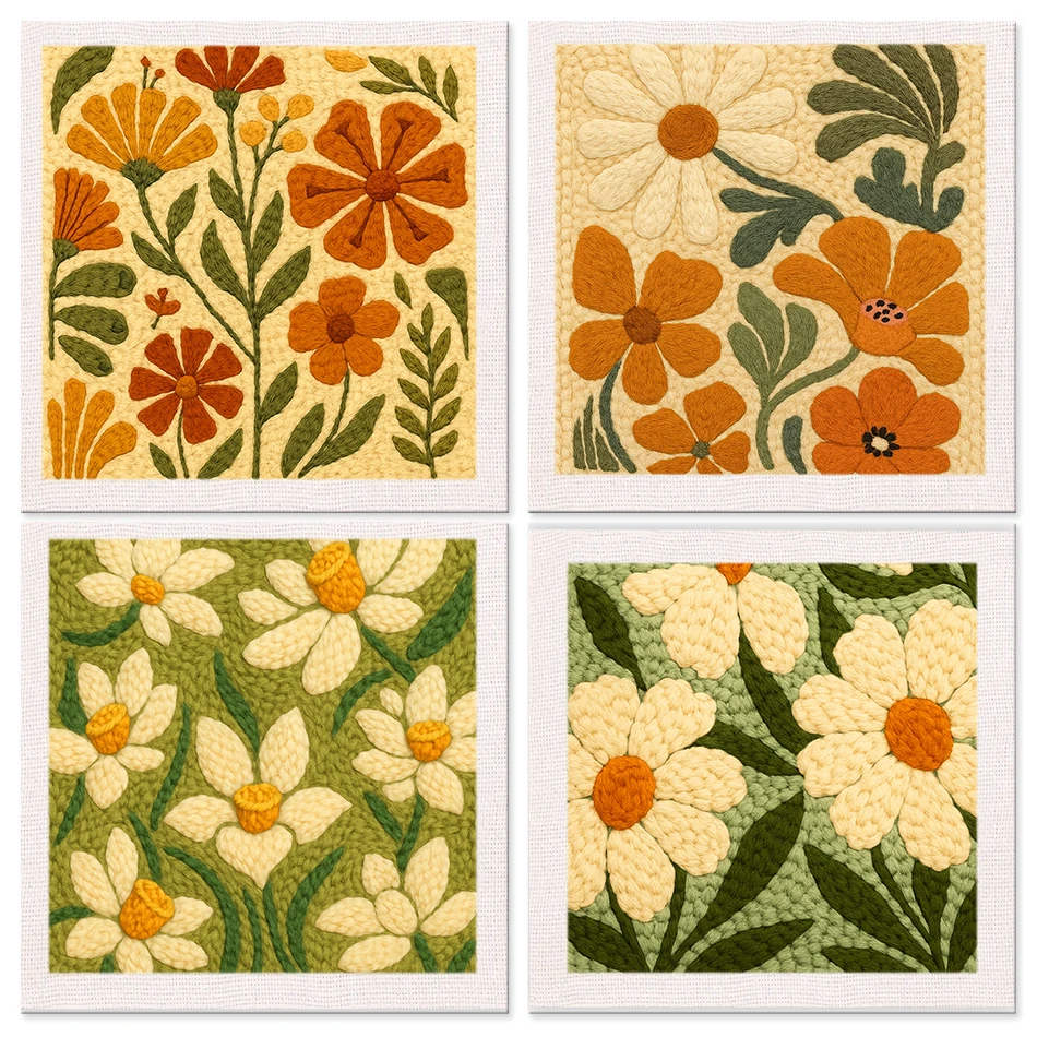 Square Punch Needle Kit for Adult Beginners 25*25cm Flower Starter Set with Frame Embroidery Handicraft DIY Craft Sewing Set