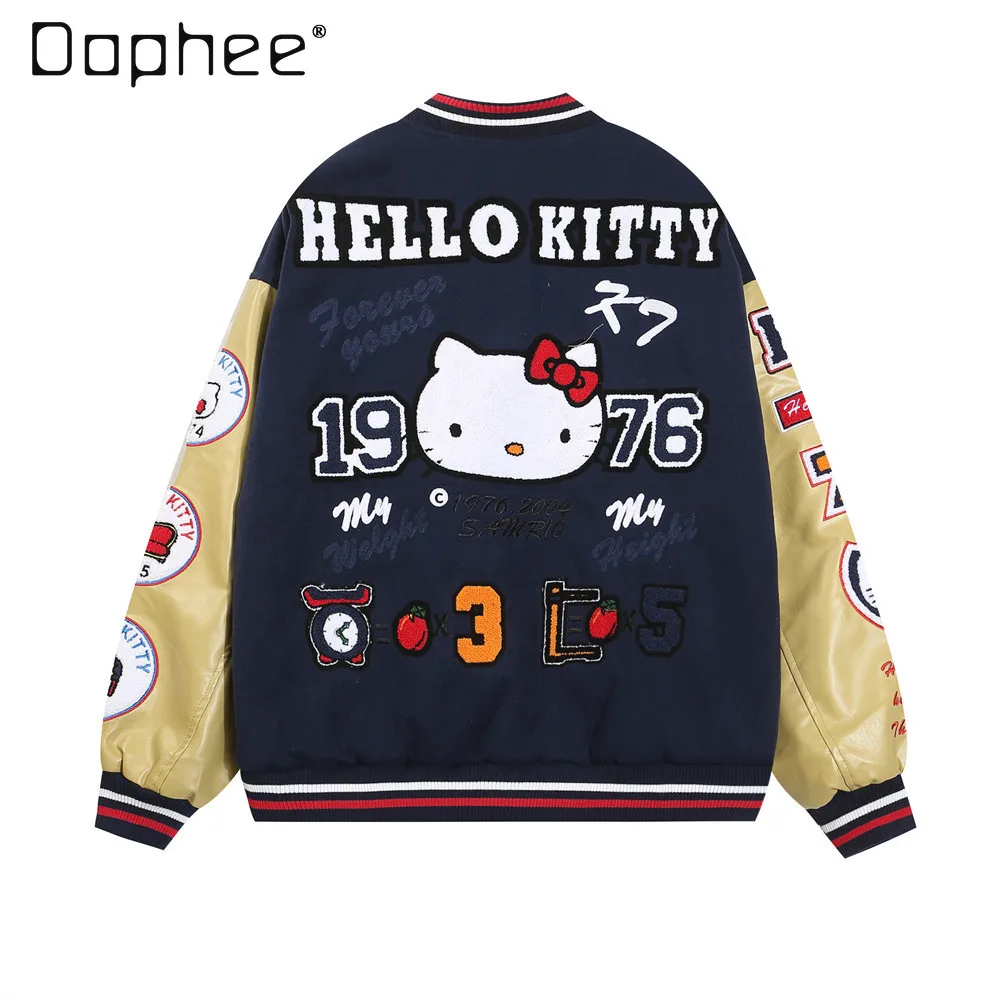 Preppy Style Cartoon Cat Baseball Jacket Women Full Print Contrasting Color Splicing PU Leather Sleeve Loose Jacket Men Clothing