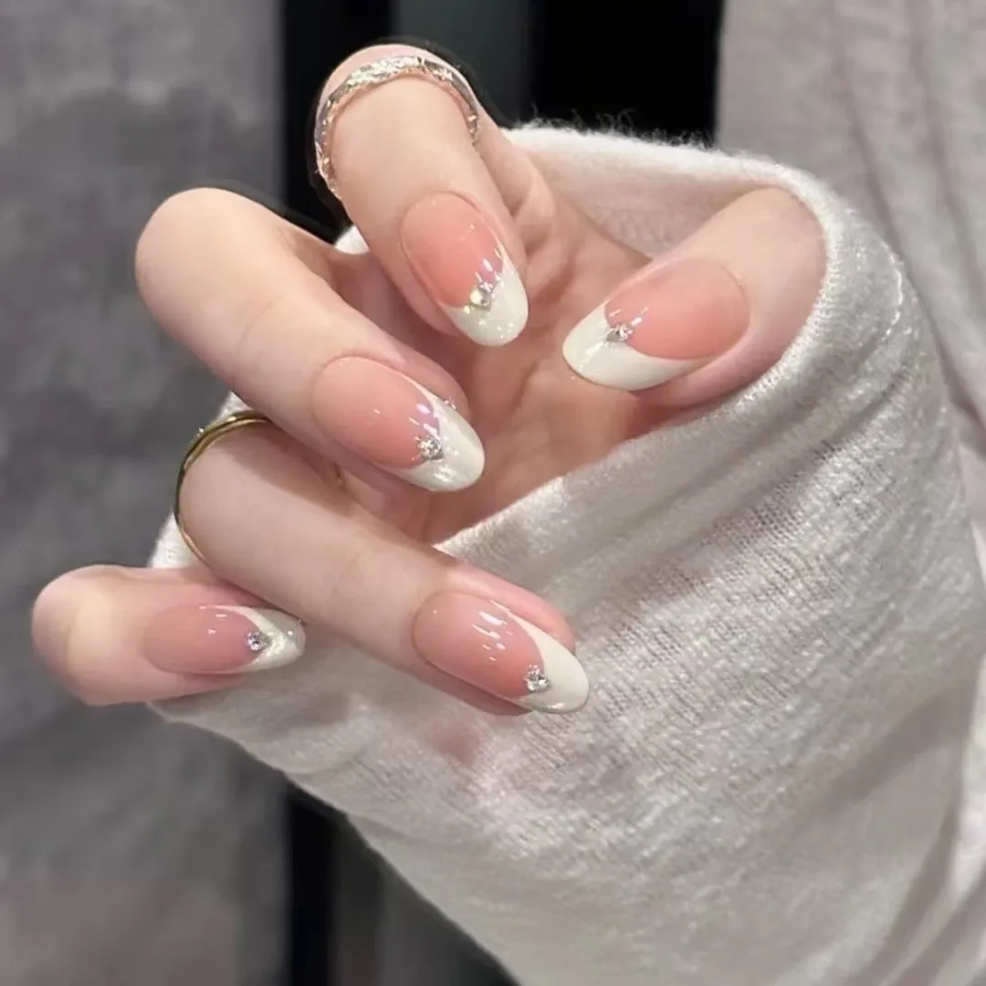 

10 шт., средний овальный пресс для ногтей ручной работы, телесный, розовый, белый, французский дизайн со стразами, милые, милые, накладные ногти, носимые накладные ногти, кончик