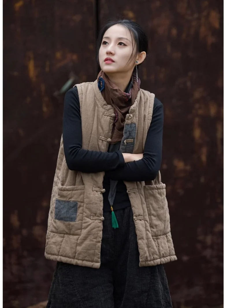 Cotton Linen Thick Vest for Women, Spring Autumn Loose Fit Sleeveless Jacket, Zen Style Color Block Improved Kimono Cardigan j35