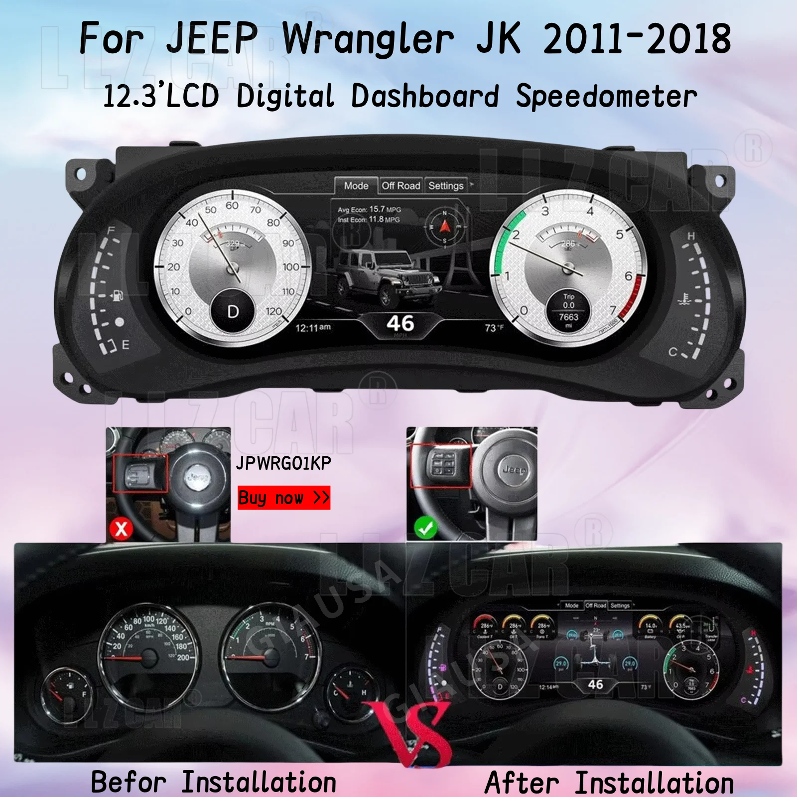 LZ  12.3'' HD Screen Digital Instrument Cluster Display Speedometer Upgrade Dashboard Gaug Plug Pl Suitable for Jeep Wrangler JK
