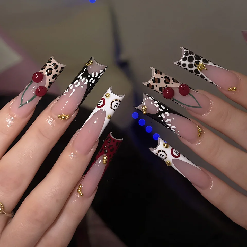 24 piezas de uñas postizas largas cuadradas con diseño francés de leopardo, cerezas 3D y estrellas, desmontables