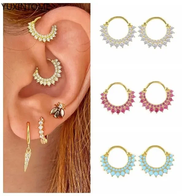 

Perforation women 925 Sterling Silver Ear Needle Colorful Scalloped Zircon Hoop Ear buckle Luxury gold Earrings Fashion Jewelry