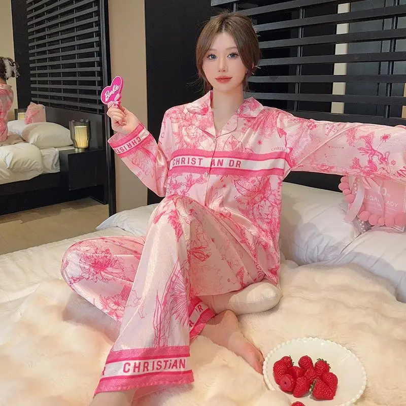 pijamas women sleepwear ice silk  pajamas for women 2025 new long-sleeved loungewear women can be worn outside