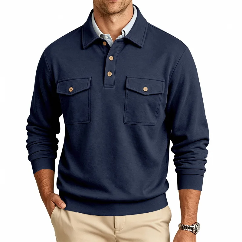 Herbst- und Winter-Herren-POLO-Pullover mit langen Ärmeln, lässigem Kragen, sportlichem Design und mehreren Taschen, Großhandel – Detail 5