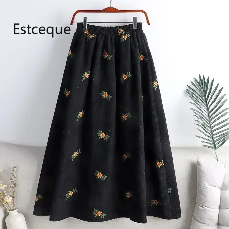 testCorduroy Embroidery Women Skirts Autumn Winter New Arrival Floral Skirts Female High Waist Slimming Mid-calf Skirt for Women