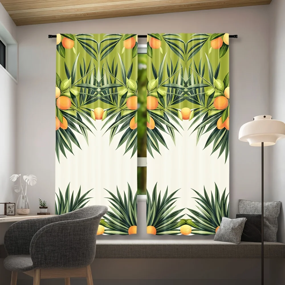 Fresh Citrus Palm Leaf Blackout Rod Pocket Curtain Orange Fruit Green Foliage Decor Summer Homestay Living Rest Bay Window