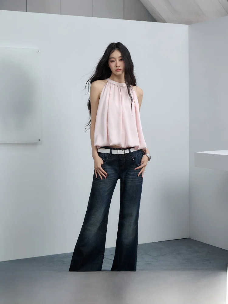 

Джинсы с низкой посадкой, синие, с заклепками, из денима, трендовые, новинка, хлопковые, стрейч, буткат, для молодых женщин, летний сезон