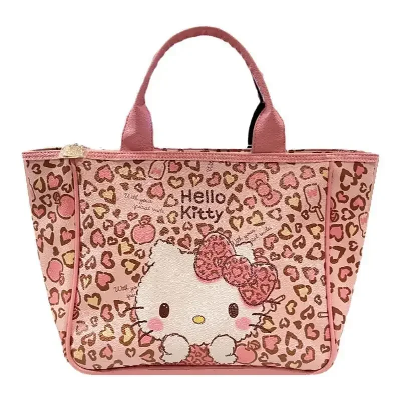 Sanrio Hello Kitty Women\'s Shoulder Bag Cartoon Fashion PU Pink Leopard Print KT Tote Bag Girls Large Capacity Commuter Bag Gift