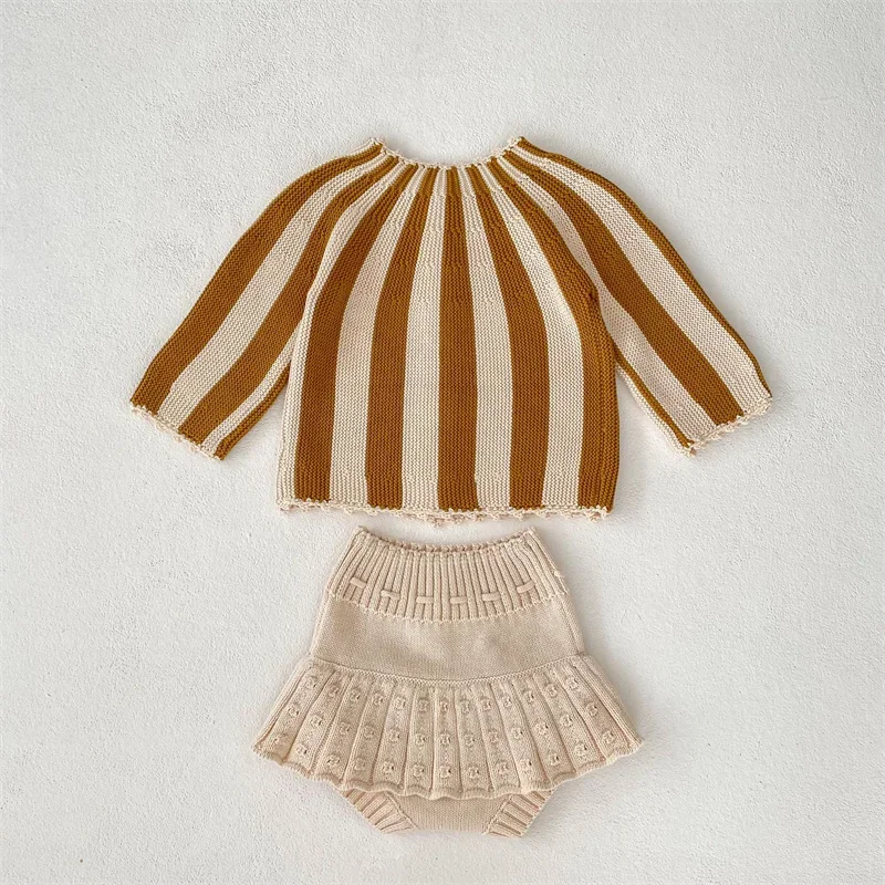 Adorable Baby Girl Clothes Infant Knit Clothing Set Stripe Bodysuit Baby Sweaters 2 Pcs Baby Suit Soft Newborn Clothes 0-24M