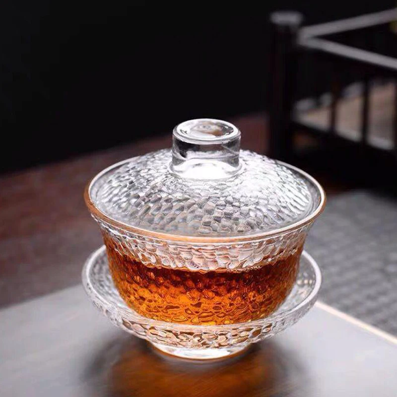 

Glass cover bowl Hammer Pattern Gaiwan Porcelain Kung fu Tea set Heat-resistant Tea bowl Traditional Chinese tea ceremony