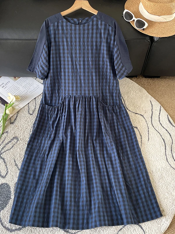 Loose Fit Short Sleeve Drawstring Gathered round Neck Japanese Style Patchwork Dress Spring Summer New Arrival Women's Clothing