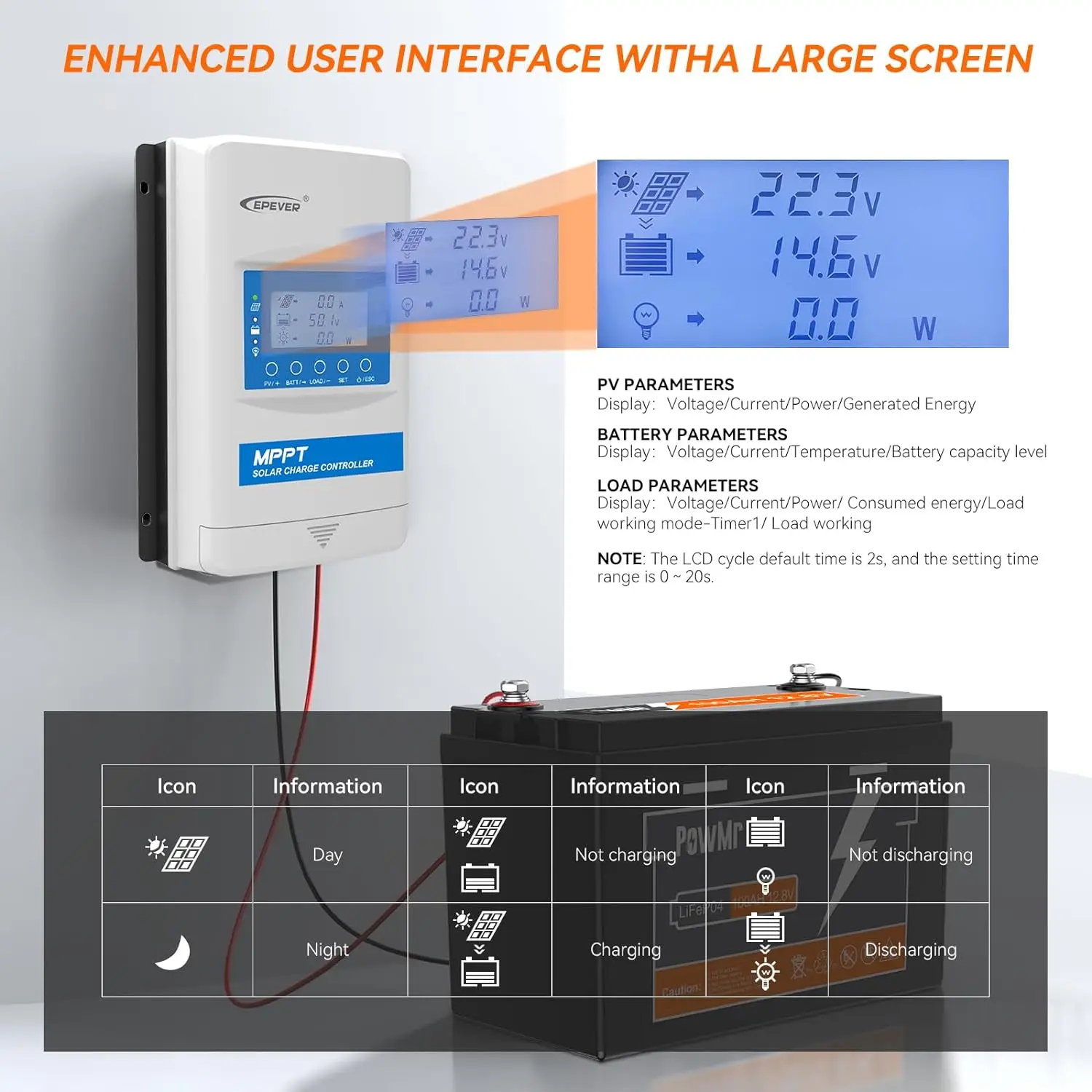 Imagem -05 - Epever-mppt Controlador de Carga Solar Regulador do Painel Automático Carregador de Bateria Ble Incorporado Trabalho sem Bateria 10a 20a 12v 24v