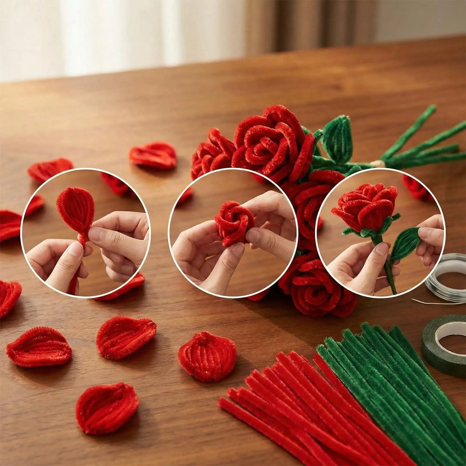 301/317pcs Red Rose Pipe Cleaner Flower Kit with Tutorial Video, Red Chenille Stems for DIY Crafts, For Home Decor