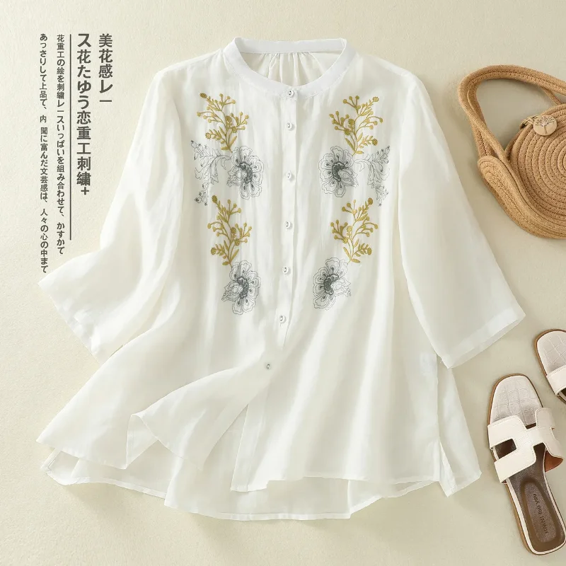 

New Chinese Style Embroidered Stand Cotton Linen Shirt Women Summer Middle-aged Mother Fashionable Linen Mid-sleeve Top