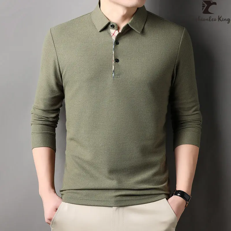 Spring Autumn Men's Loose Long Sleeve Polo Shirt Casual Lapel Plaid Business Collar T Shirt Tops